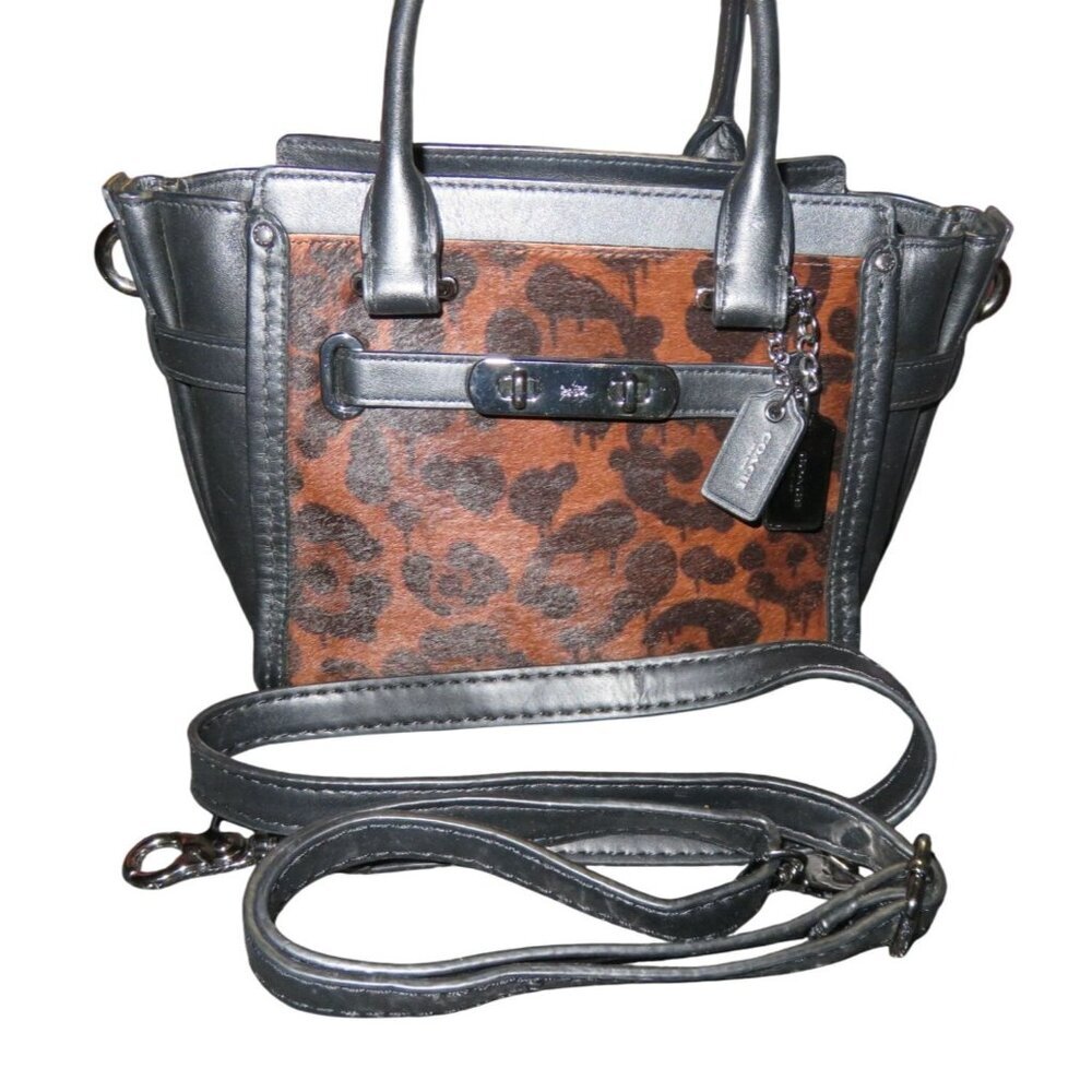 Coach 2016 Swagger 21 Calf Hair Dark Wild Beast Crossbody Satchel Tote Bag Flaw